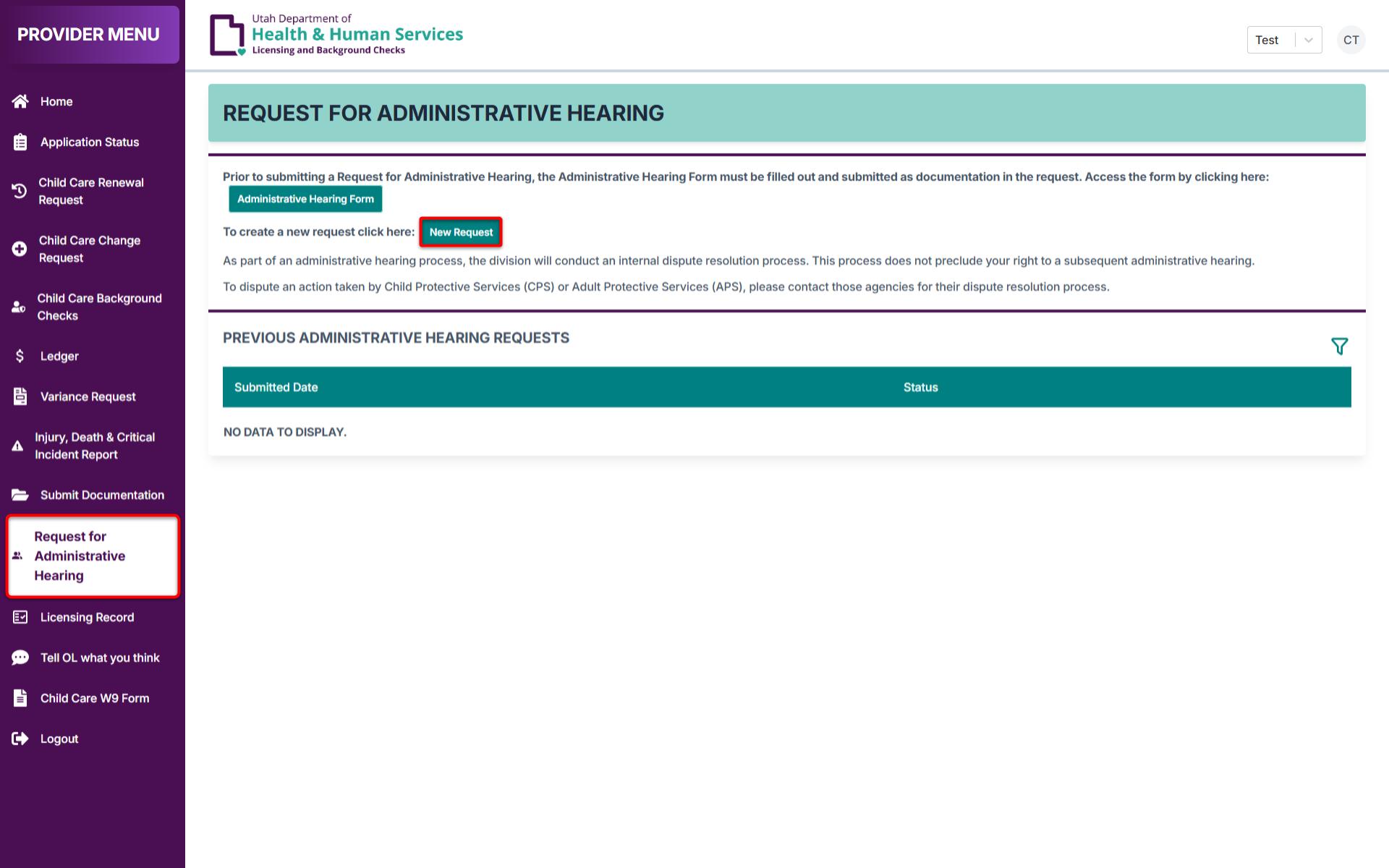 Request for administrative hearing menu item