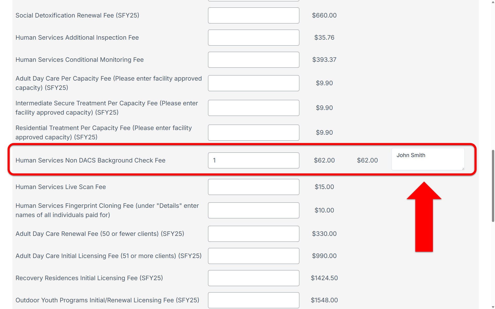 An image showing which fee to select